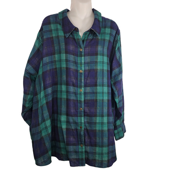 Joan Rivers Tops - Joan Rivers Womens Cotton Plaid Reversible Boyfriend Shirt 2X Navy Emerald Snap